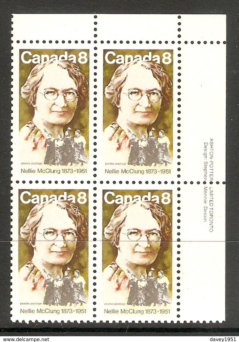 006344 Canada 1973 Nellie McClung 8c Plate Block UR MNH - Plate Number & Inscriptions