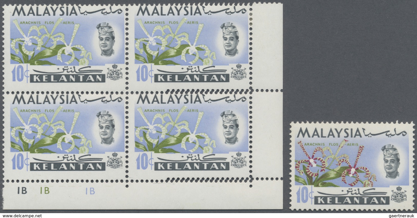 **/* Malaiische Staaten - Kelantan: 1965, Orchids 10c. 'Arachnanthe Moschifera' Block Of Four From Lower - Kelantan