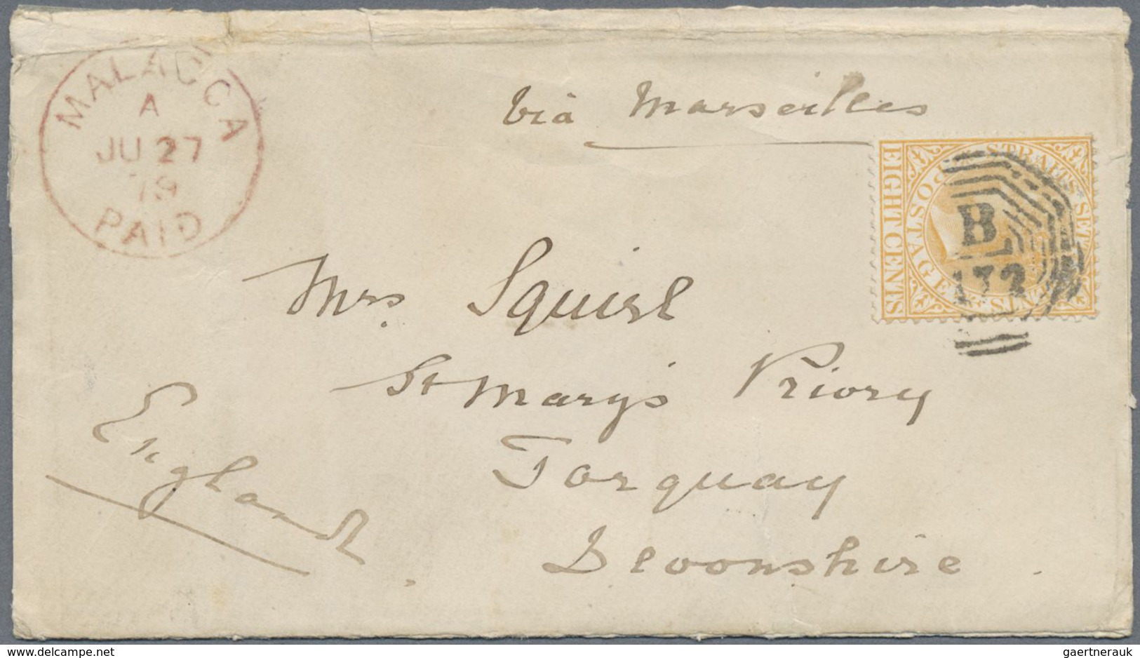 Br Malaiische Staaten - Malakka: 1879 Cover To Torquay, England Via Marseilles Franked By Straits Settl - Malacca