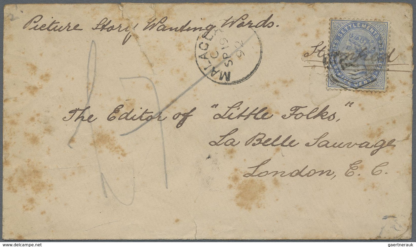 Br Malaiische Staaten - Malakka: 1892 Cover To London Franked Straits 1883 5c. Blue Tied By Numeral "B/ - Malacca