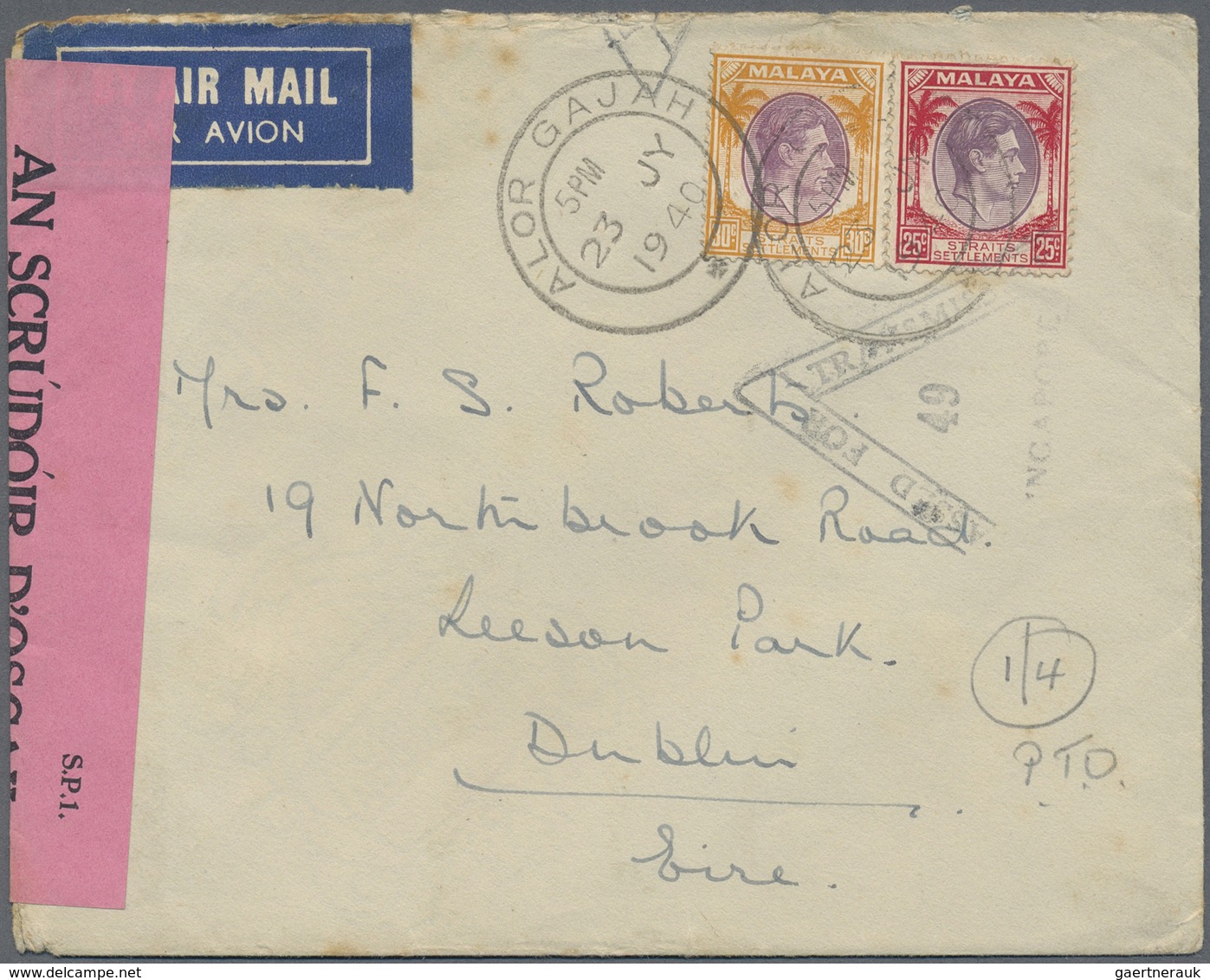 Br Malaiische Staaten - Malakka: 1940 ALOR GAJAH: Censored Airmail Cover From Alor Gajah, Malacca To Du - Malacca