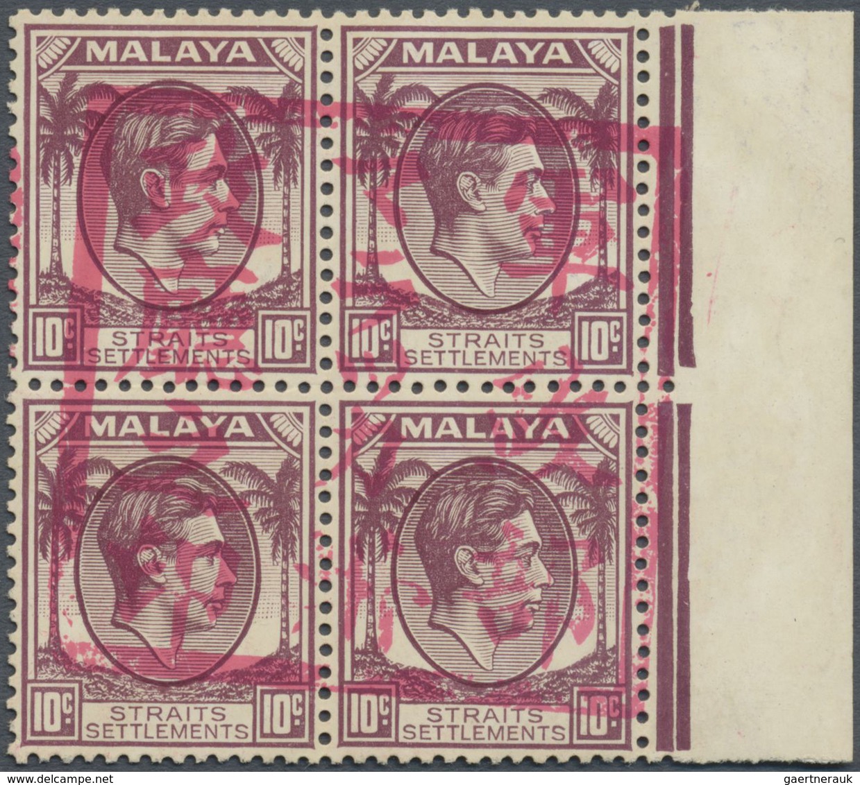 ** Malaiische Staaten - Malakka: Japanese Occupation, 1942, 10c. Dull Purple, A Right Margin Block Of F - Malacca