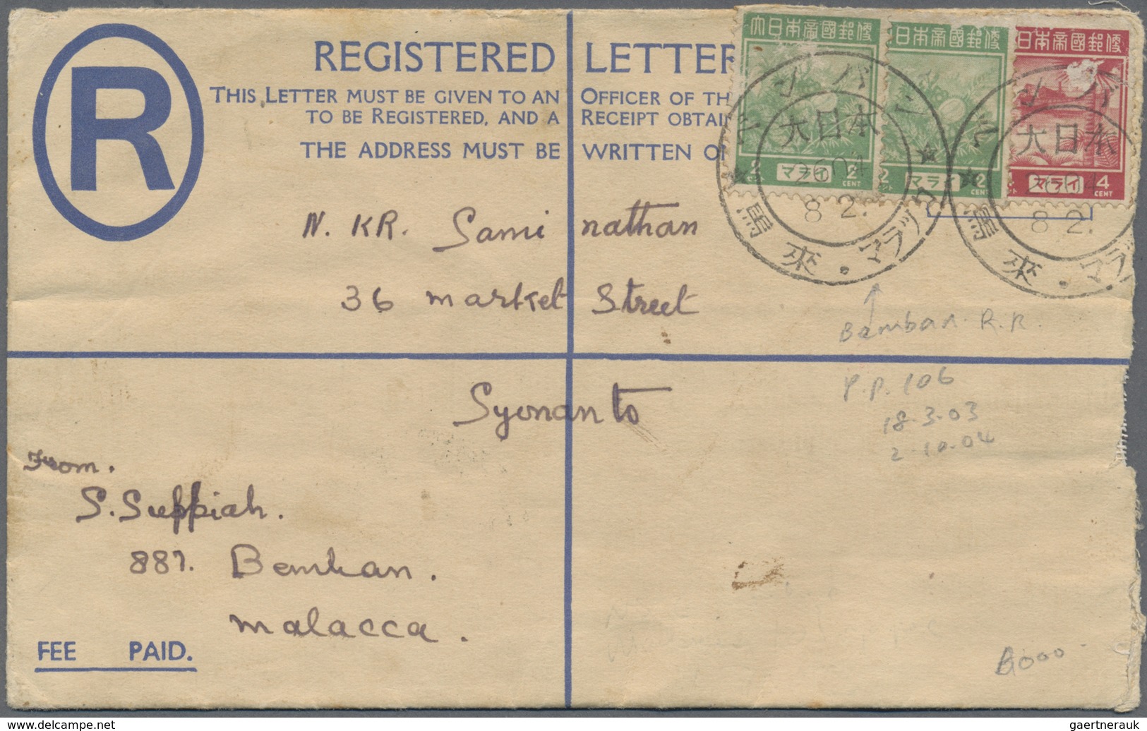 GA Malaiische Staaten - Malakka: General Issues, Used In Malacca, 1942, Negri Sembilan Envelope (right - Malacca