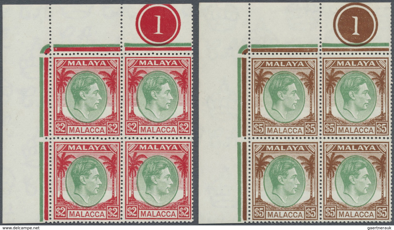 ** Malaiische Staaten - Malakka: 1949/1952, KGVI Definitives Complete Set Of 20 In Blocks Of Four Mostl - Malacca
