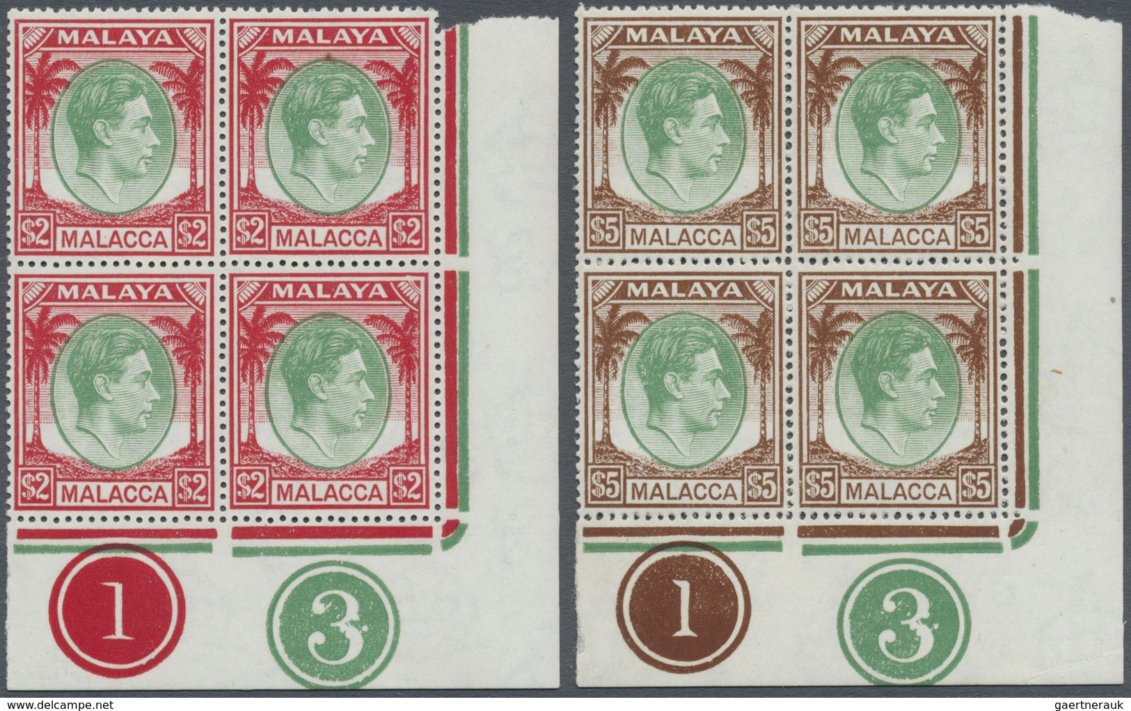 ** Malaiische Staaten - Malakka: 1949/1952, KGVI Definitives Complete Set Of 20 In Blocks Of Four From - Malacca