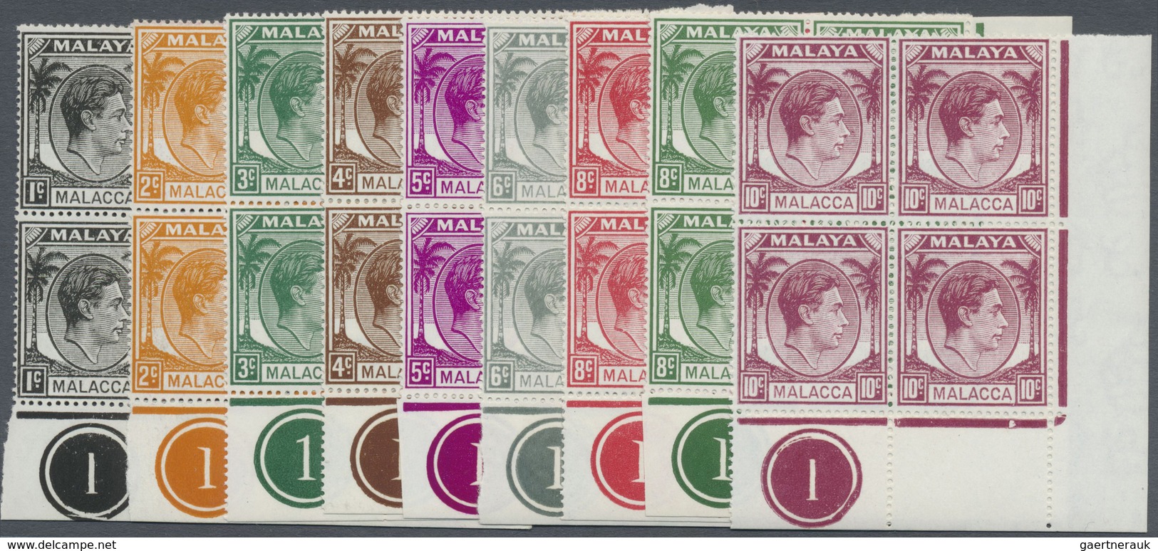 ** Malaiische Staaten - Malakka: 1949/1952, KGVI Definitives Complete Set Of 20 In Blocks Of Four From - Malacca