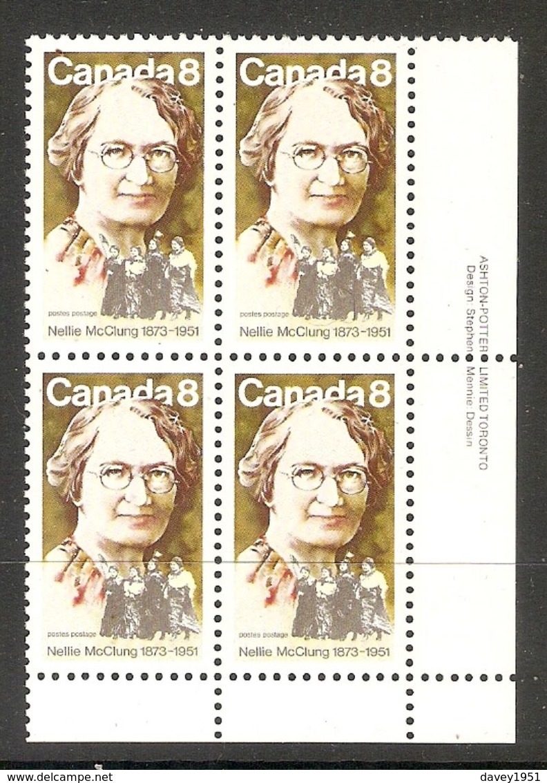 006345 Canada 1973 Nellie McClung 8c Plate Block LR MNH - Plate Number & Inscriptions