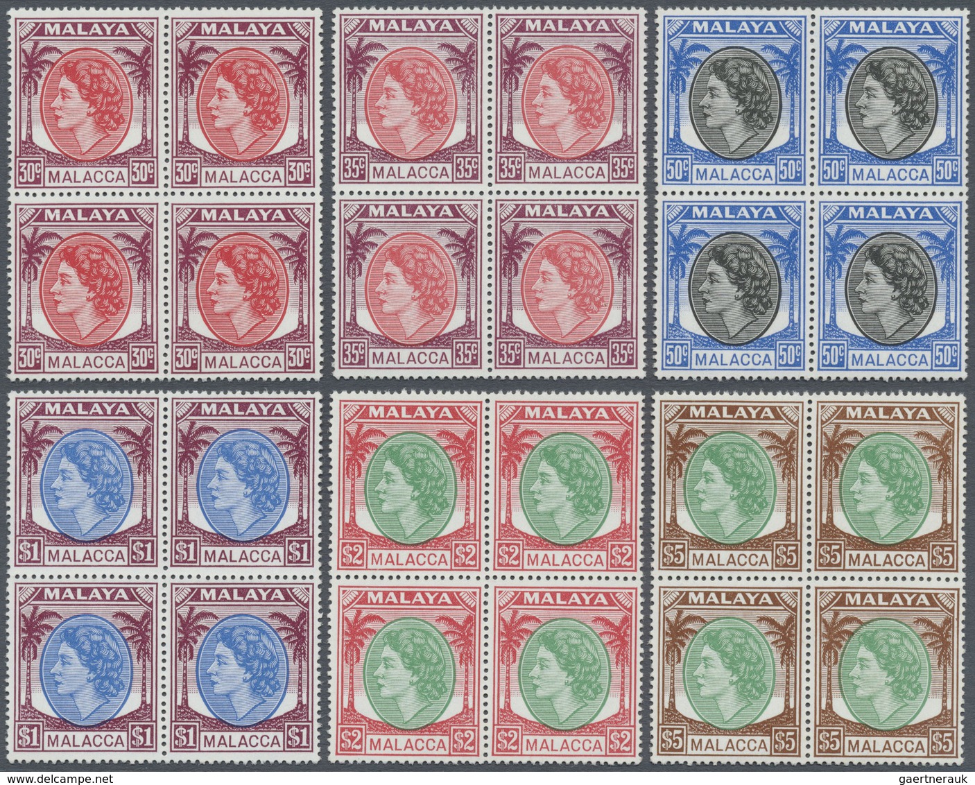 ** Malaiische Staaten - Malakka: 1954/1957, QEII Definitives Complete Set Of 16 In Blocks Of Four, Mint - Malacca