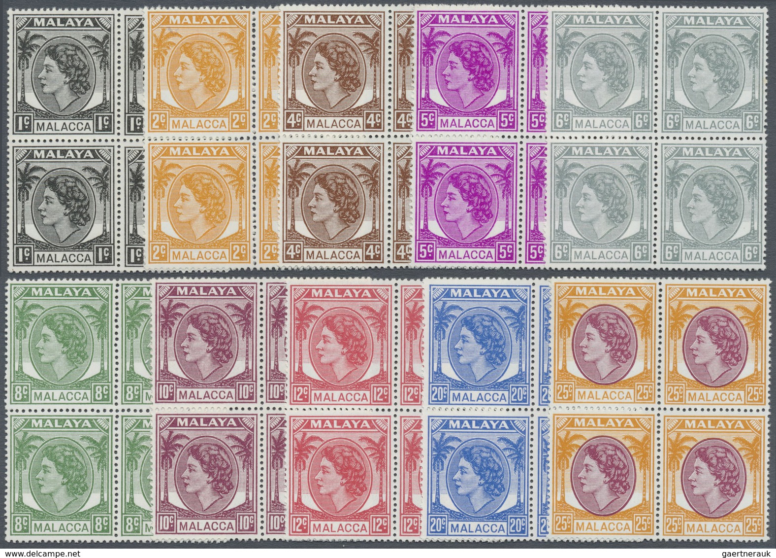 ** Malaiische Staaten - Malakka: 1954/1957, QEII Definitives Complete Set Of 16 In Blocks Of Four, Mint - Malacca