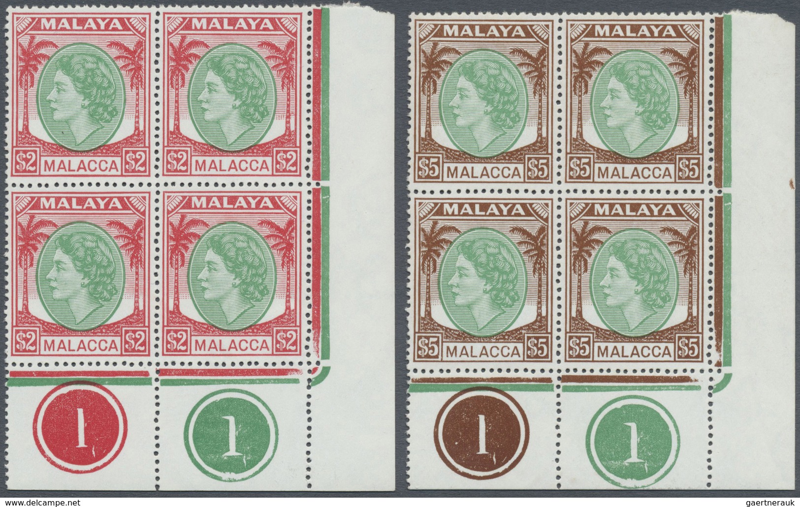 ** Malaiische Staaten - Malakka: 1954/1957, QEII Definitives Complete Set Of 16 In Blocks Of Four Mostl - Malacca