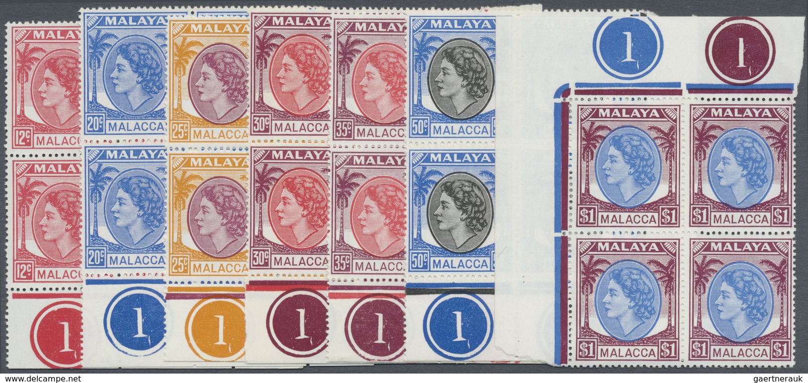 ** Malaiische Staaten - Malakka: 1954/1957, QEII Definitives Complete Set Of 16 In Blocks Of Four Mostl - Malacca