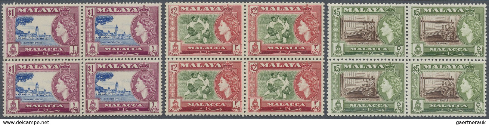 ** Malaiische Staaten - Malakka: 1957, QEII Pictorial Definitives Complete Set Of 11 In Blocks Of Four, - Malacca