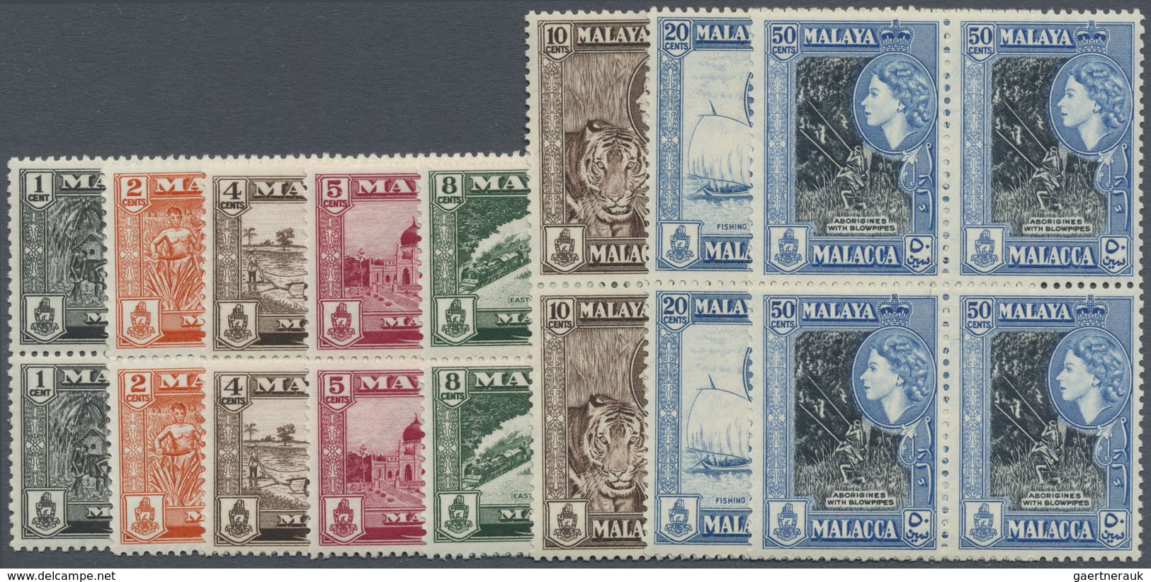 ** Malaiische Staaten - Malakka: 1957, QEII Pictorial Definitives Complete Set Of 11 In Blocks Of Four, - Malacca