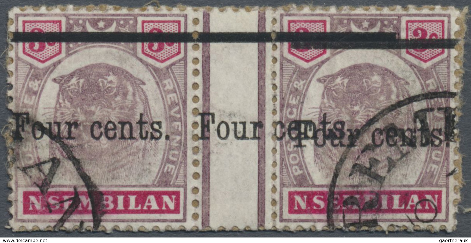 O Malaiische Staaten - Negri Sembilan: 1898-1900 "Four Cents." On 3c. Dull Purple & Carmine Interpanne - Negri Sembilan