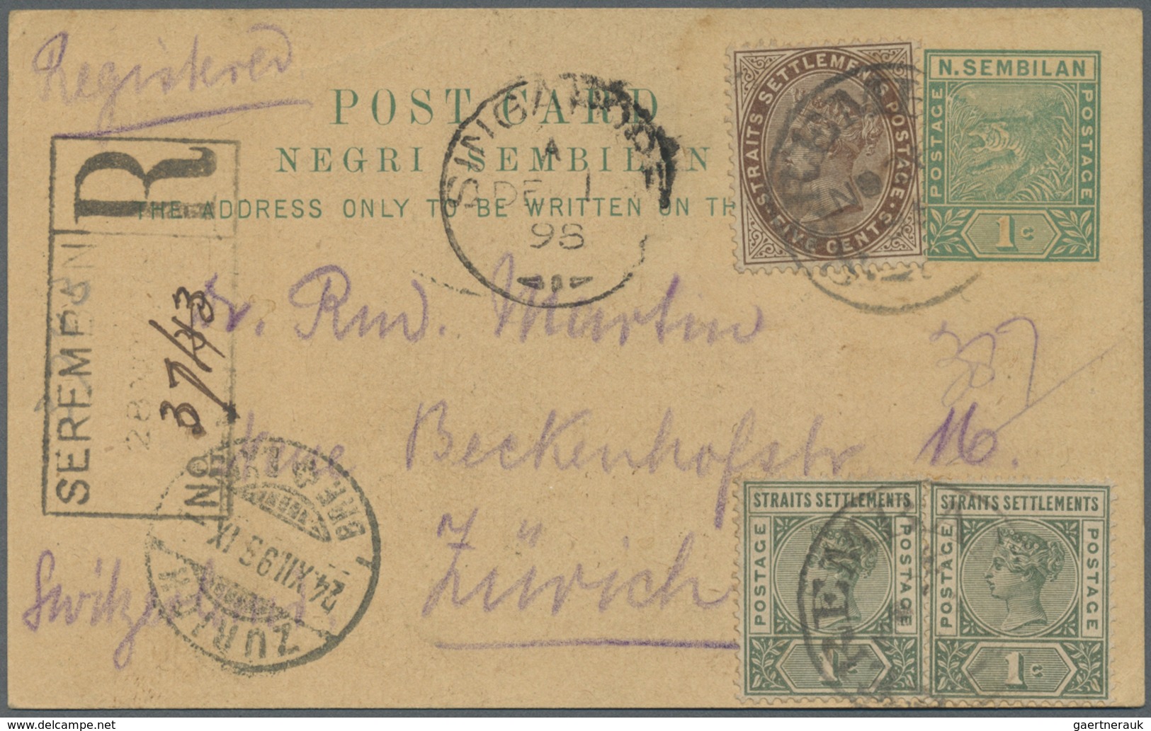 GA Malaiische Staaten - Negri Sembilan: 1898, Stationery 1 C. Green Uprated Straits 1 C. Emerald (2), 5 - Negri Sembilan