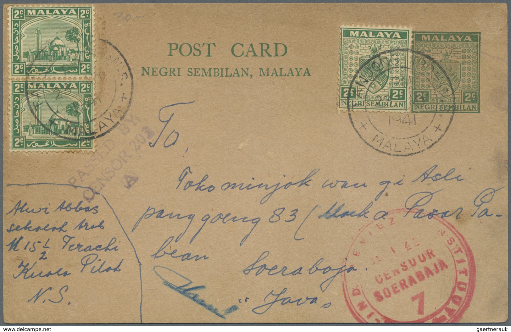 GA Malaiische Staaten - Negri Sembilan: 1941 (23/5),Tanjong Ipoh: 2c Stationery Card To Java, Uprated W - Negri Sembilan