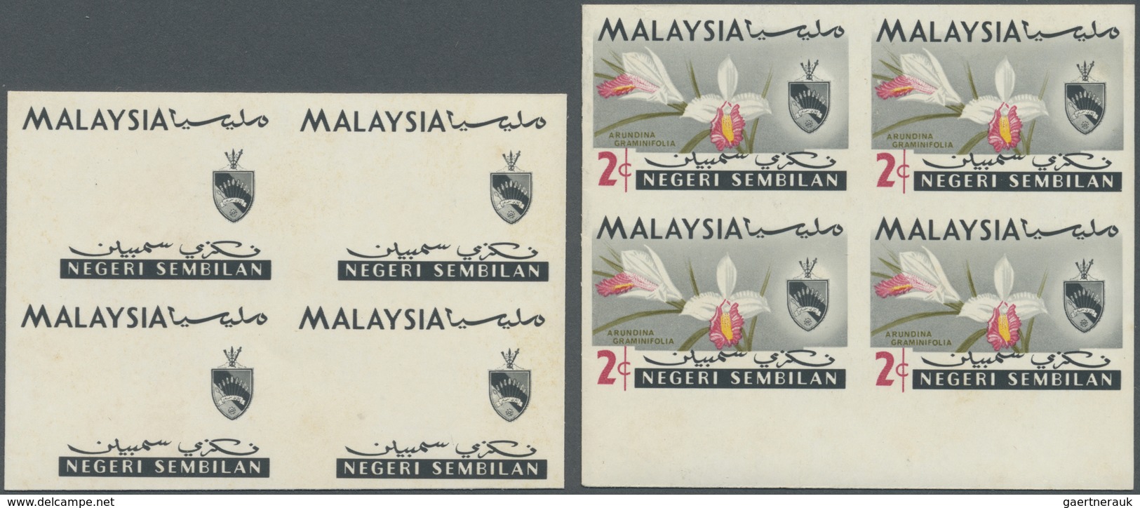 ** Malaiische Staaten - Negri Sembilan: 1965, Orchids Imperforate PROOF Block Of Four With Black Printi - Negri Sembilan