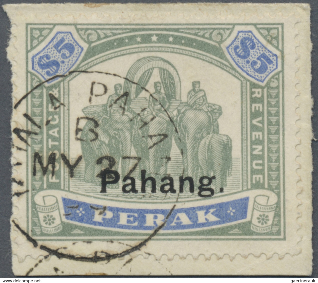 Brfst Malaiische Staaten - Pahang: 1898, Perak Elephant Stamp Optd. 'Pahang' In Black $5 Green/ultramarine - Pahang