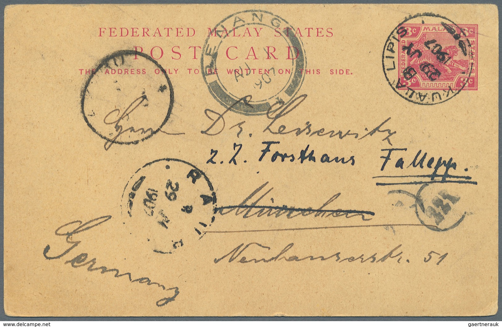 GA Malaiische Staaten - Pahang: 1907: F.M.S. Postal Stationery Card 3c. Used From KUALA LIPIS To Munich - Pahang