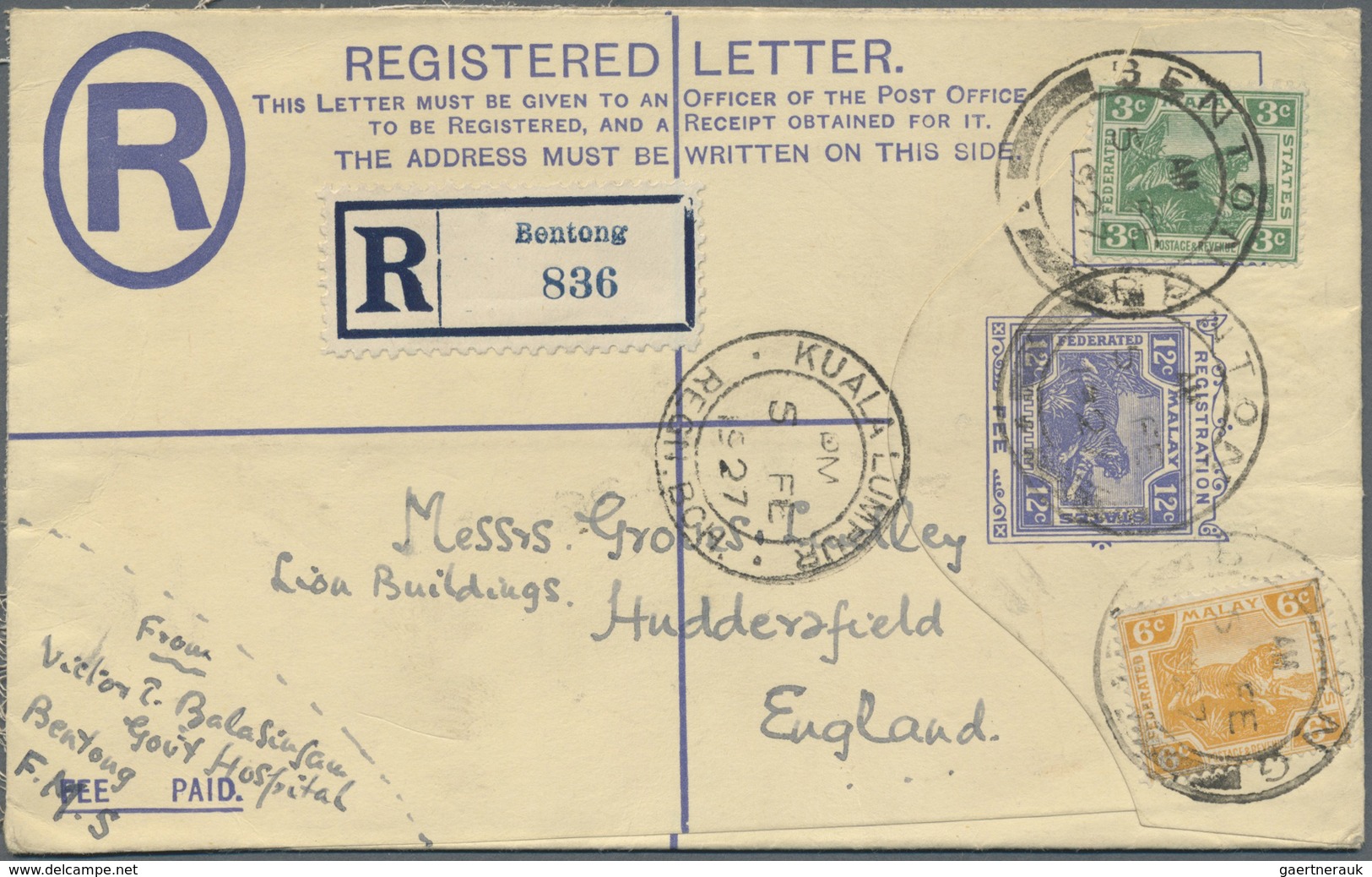 GA Malaiische Staaten - Pahang: 1927 (5/2): Bentong, FMS 15c Registered Envelope To England, Uprated Wi - Pahang