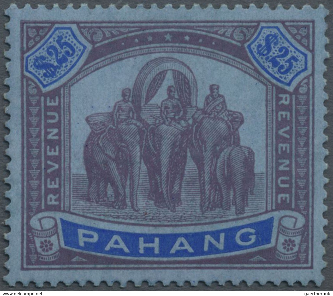 * Malaiische Staaten - Pahang: 1936 Revenue Stamp 'Elephants' $25 Purple & Blue On Blue, Mint Lightly - Pahang