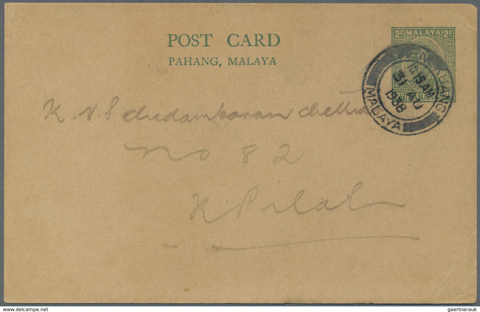 GA Malaiische Staaten - Pahang: 1938 (31/8): Mengkuang, 2c Stationery Card To Kuala Pilah, Cancelled By - Pahang