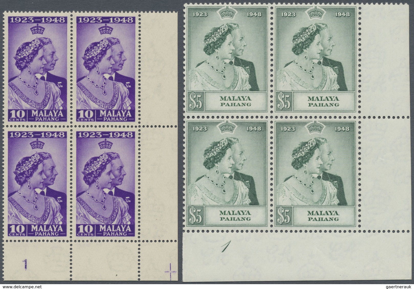 ** Malaiische Staaten - Pahang: 1948, Royal Silver Wedding Both Values In Blocks Of Four From Lower Rig - Pahang
