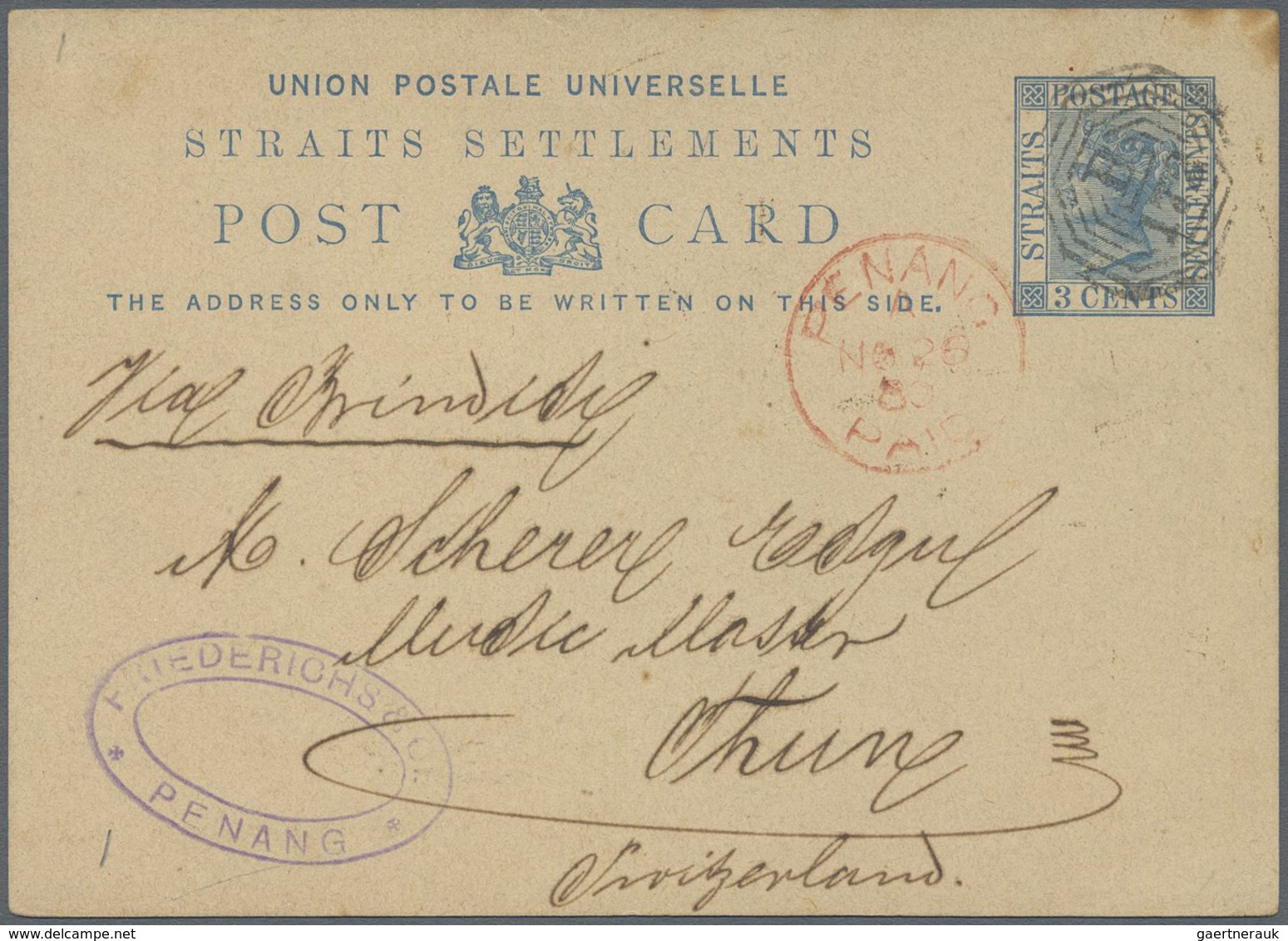 GA Malaiische Staaten - Penang: 1880 (26 Nov.): Postal Stationery Card 3c. Blue Of Straits Settlement U - Penang