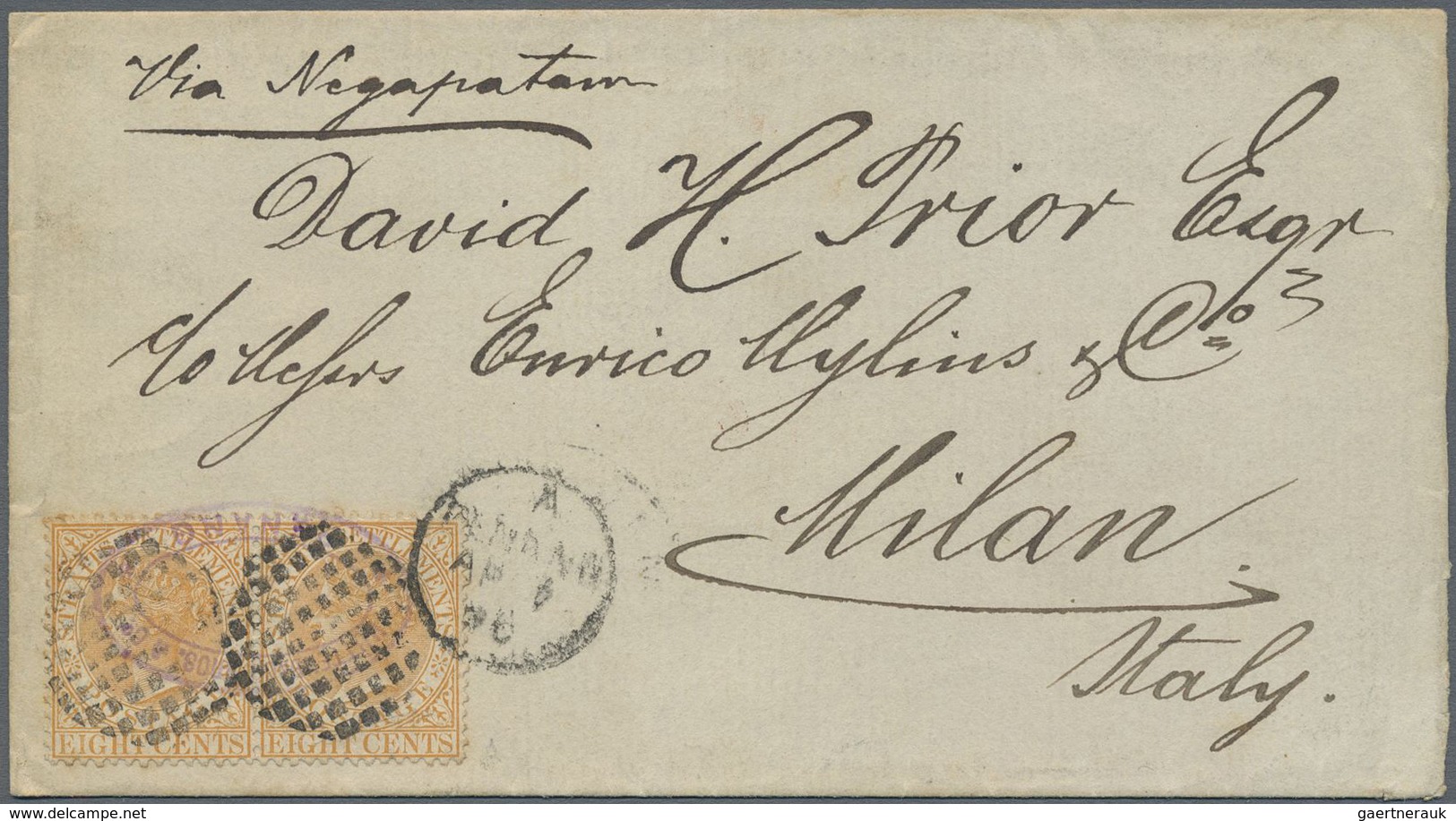 Br Malaiische Staaten - Penang: 1890 Cover From Penang To Milan, Italy 'Via Negapatam' (endosed In M/s) - Penang