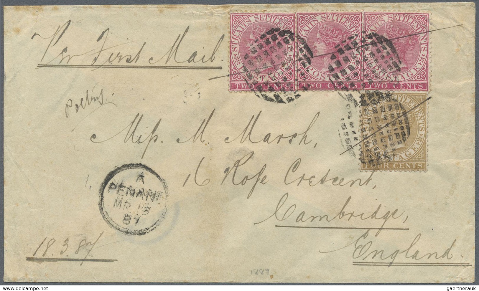 Br Malaiische Staaten - Penang: 1887 Cover From Penang To Cambridge 'Per First Mail' Franked By 1883 2c - Penang