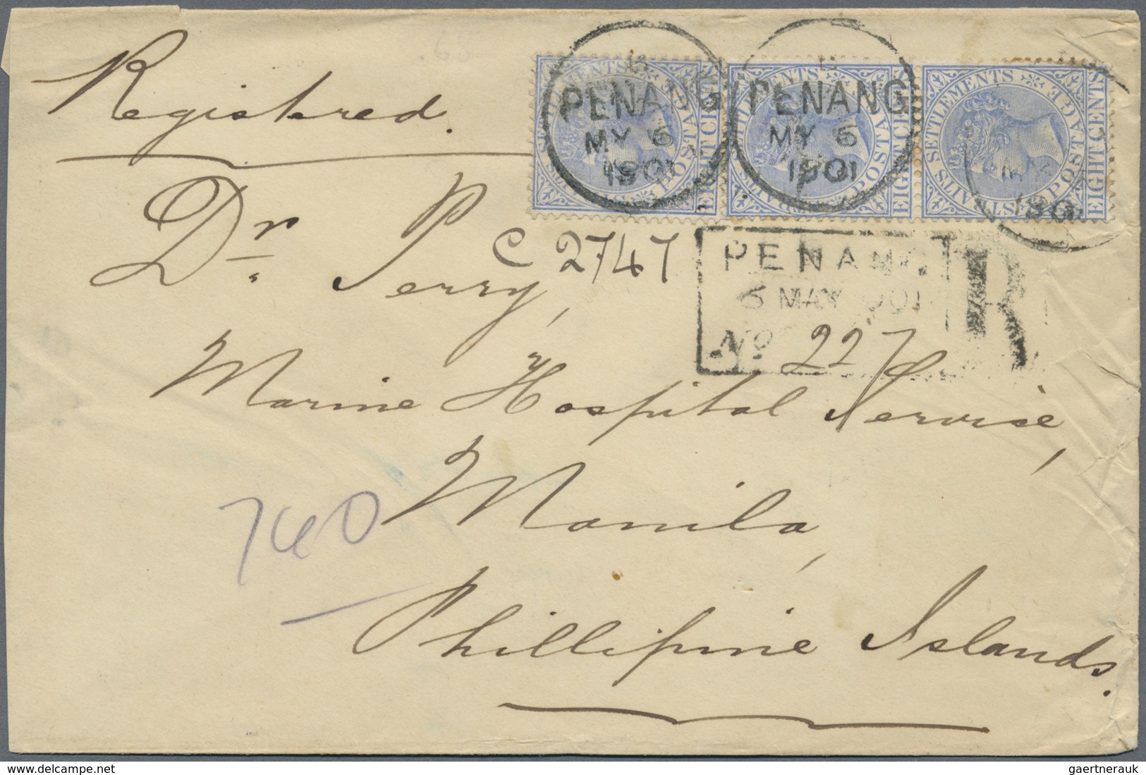 Br Malaiische Staaten - Penang: 1901 Registered Cover To Manila, Philippine Islands Franked 1892-99 5c. - Penang