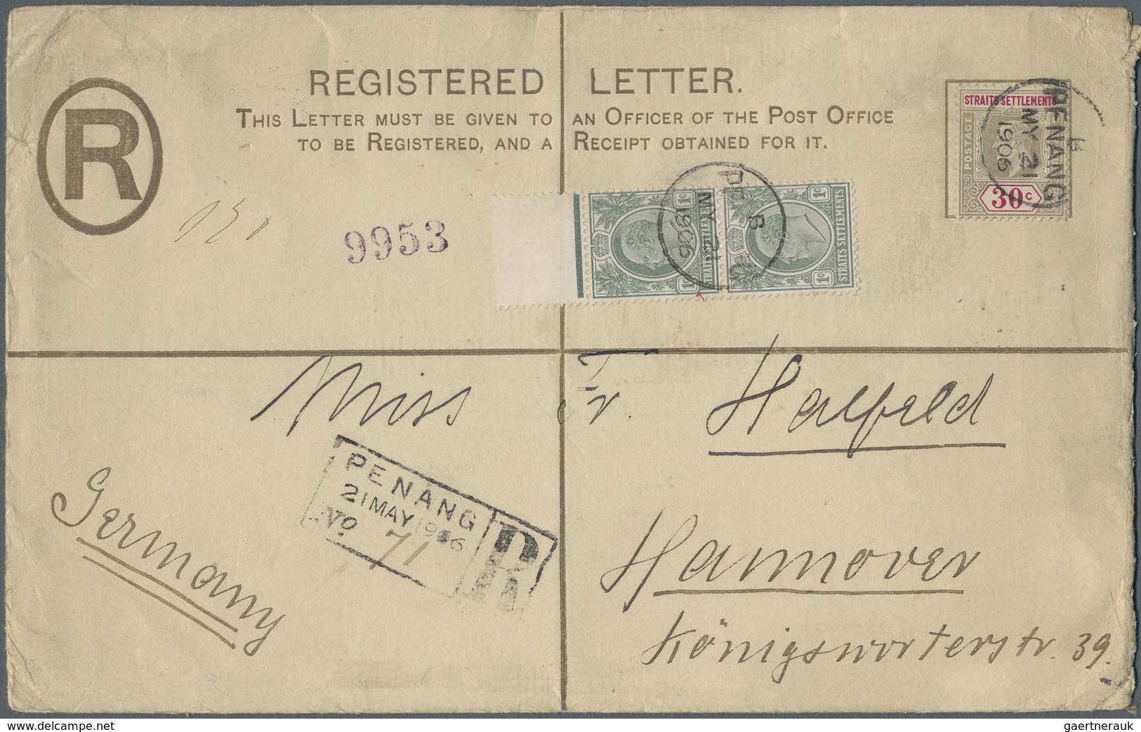 GA Malaiische Staaten - Penang: 1906: Postal Stationery Registered Envelope 5c. Of Straits Settlements - Penang