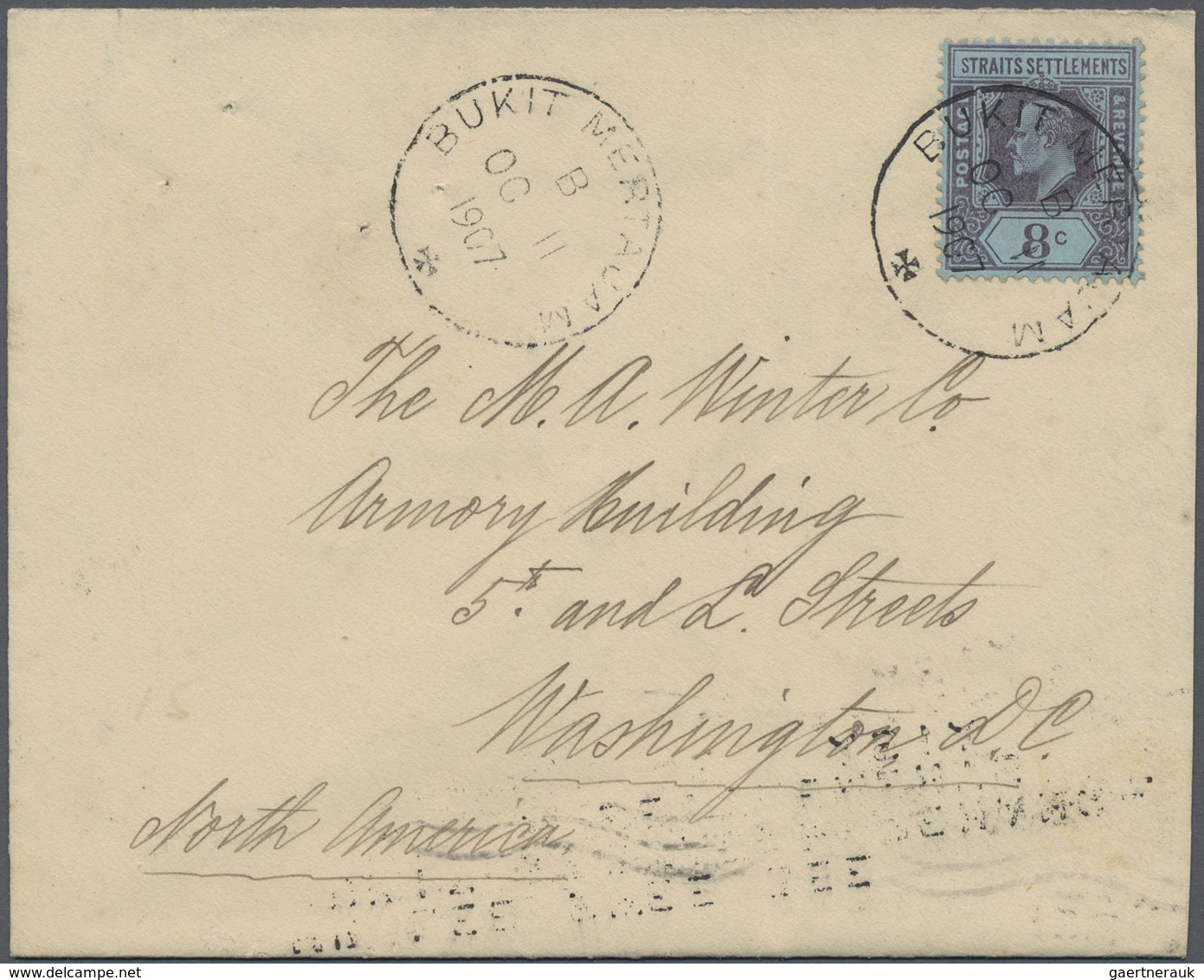 Br Malaiische Staaten - Penang: 1907 Cover From Bukit Mertajam To Washington D.C., USA Franked Straits - Penang