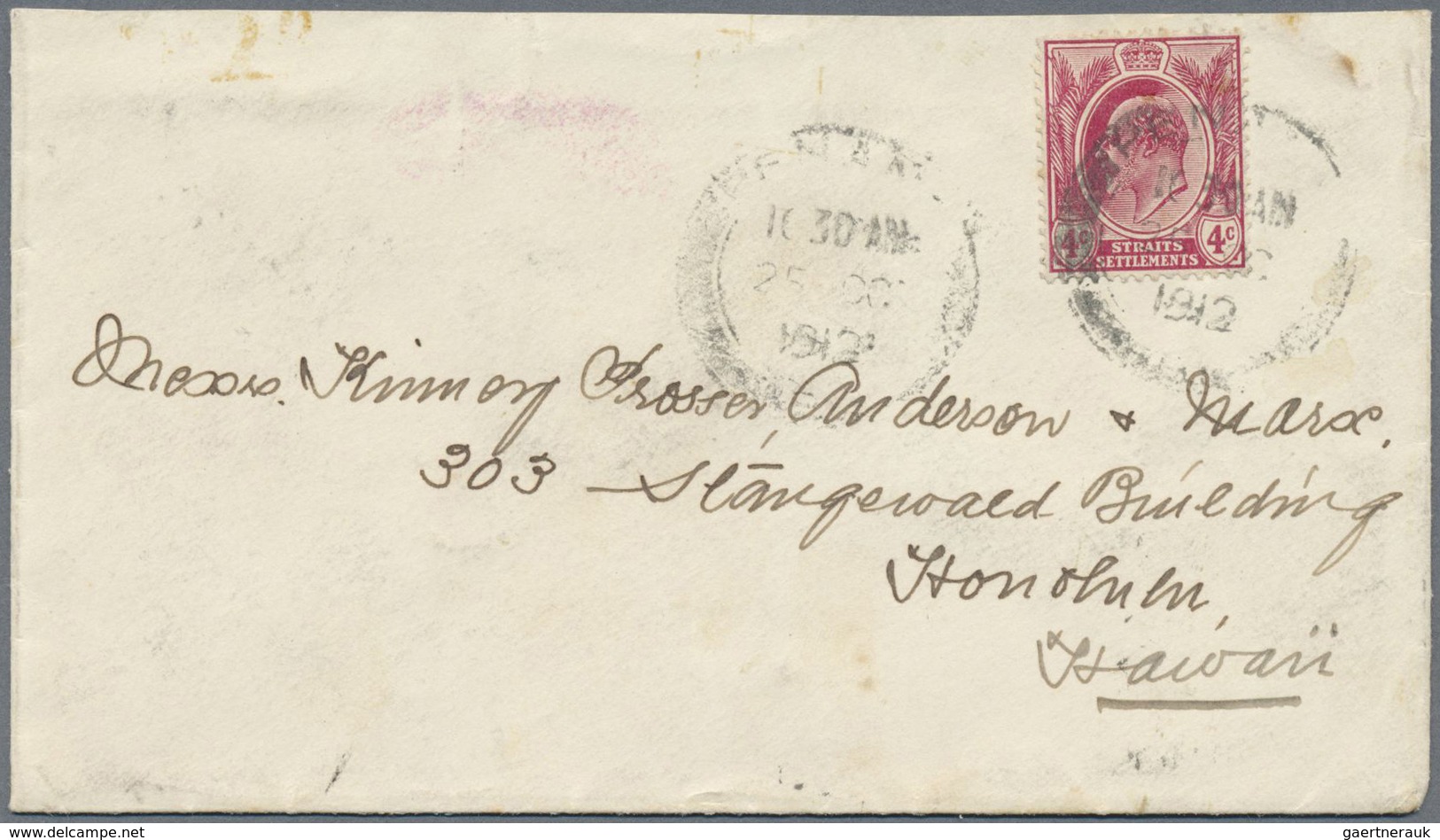 Br Malaiische Staaten - Penang: 1912 Destination HAWAII: Cover (backflap Part Missing) From Penang To H - Penang