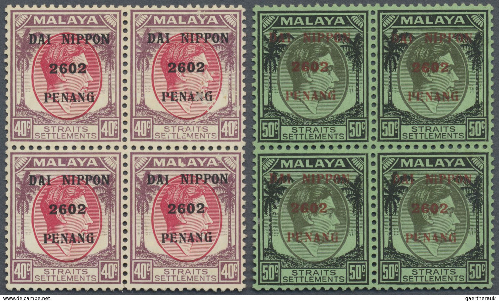 **/ Malaiische Staaten - Penang: Japanese Occupation, 1942, "Dai Nippon 2602 Penang", 1 C.-50 C. In Bloc - Penang