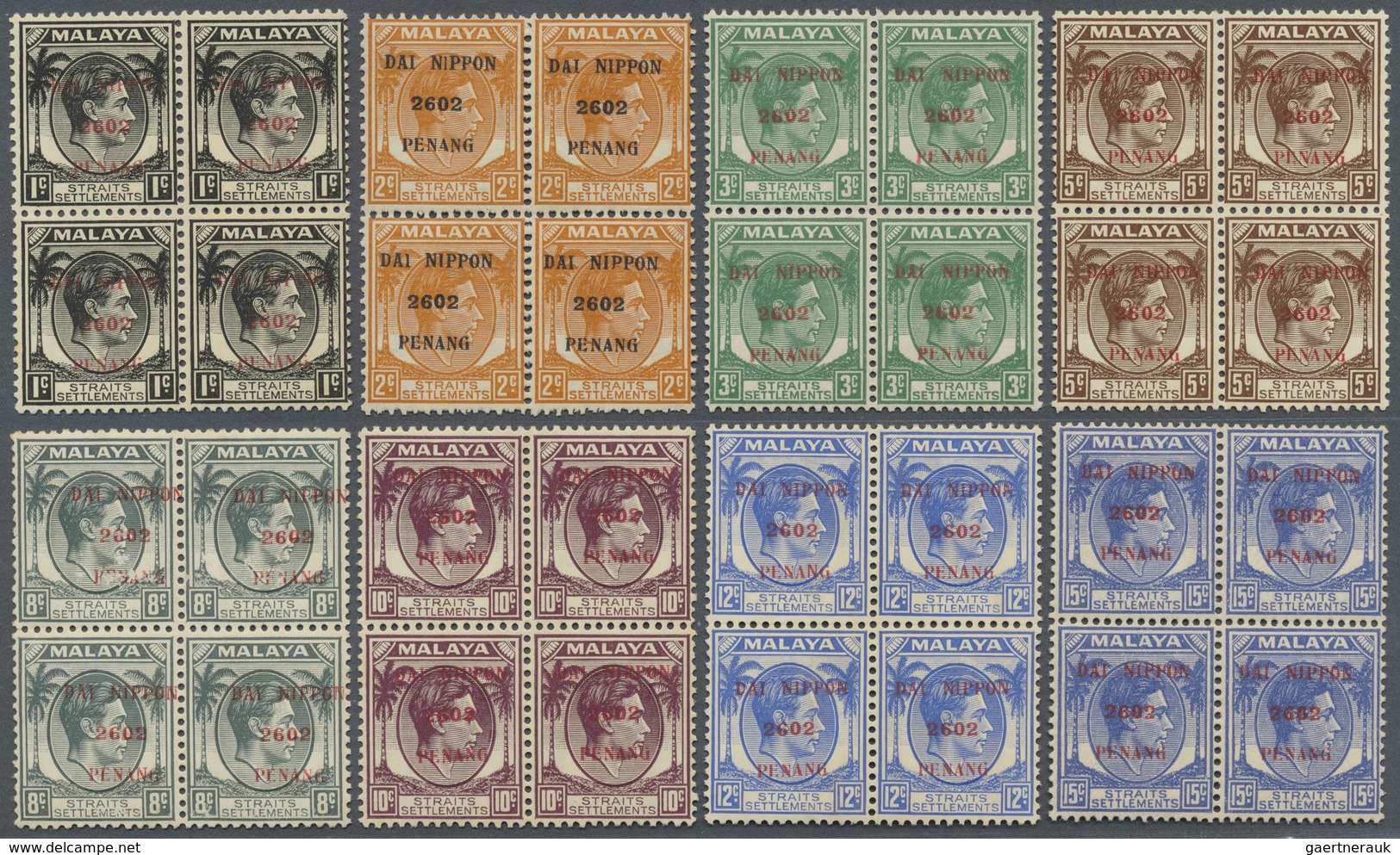 **/ Malaiische Staaten - Penang: Japanese Occupation, 1942, "Dai Nippon 2602 Penang", 1 C.-50 C. In Bloc - Penang