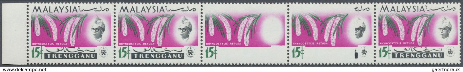 ** Malaiische Staaten - Trengganu: 1965 'Orchids' 15c. Left Hand Marginal Horizontal Strip Of Five Show - Trengganu