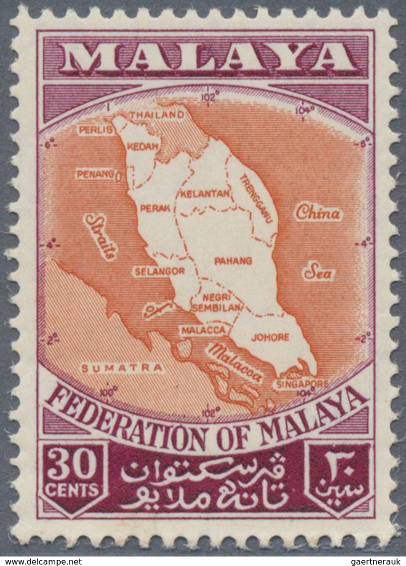 ** Malaiischer Bund: 1957, Map Of The Federation 30c. With Strong OFFSET Of Lake Colour, MNH And Attrac - Federation Of Malaya