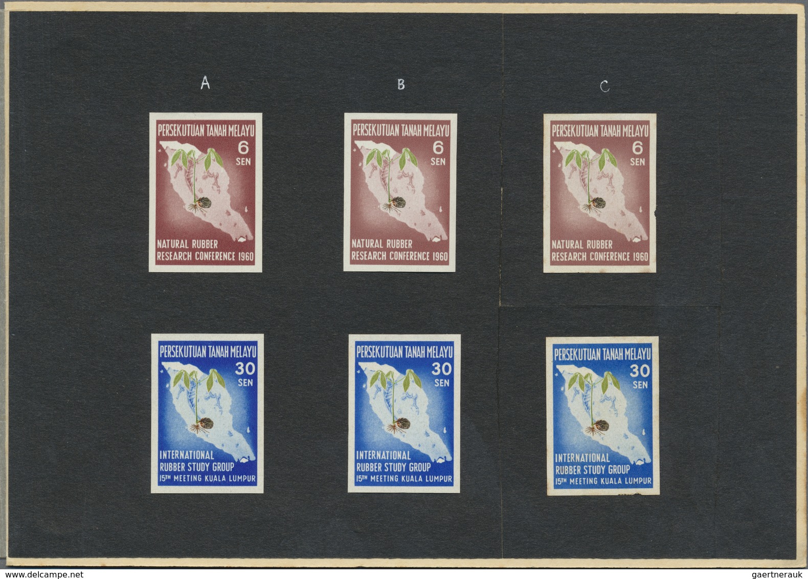 * Malaiischer Bund: 1960, Natural Rubber Research Conference 6s. And 30s. IMPERFORATE PROOFS Three Eac - Federation Of Malaya