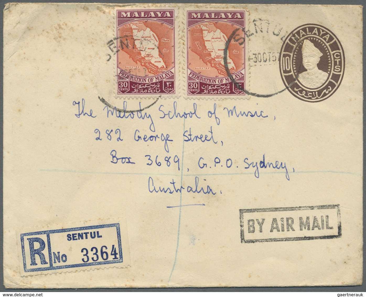 GA Malaysia: 1957/1960: Two Postal Staionery Envelopes Used To AUSTRALIA, With 1) 10c. Envelope Uprated - Malaysia (1964-...)