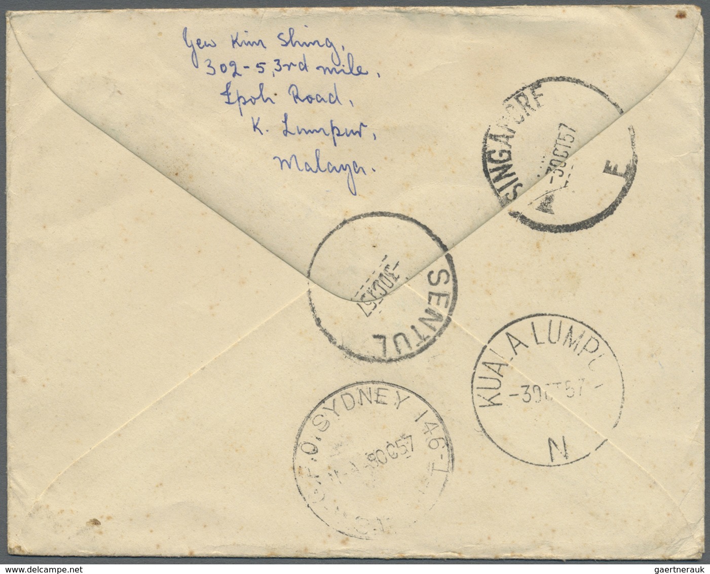 GA Malaysia: 1957/1960: Two Postal Staionery Envelopes Used To AUSTRALIA, With 1) 10c. Envelope Uprated - Malaysia (1964-...)