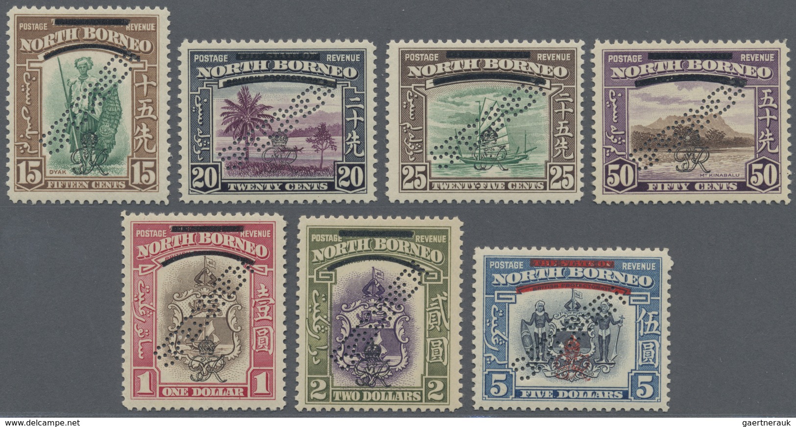 ** Nordborneo: 1947, Pictorial And Coat Of Arms Definitives With Obliterated 'The State Of' And 'Protec - North Borneo (...-1963)