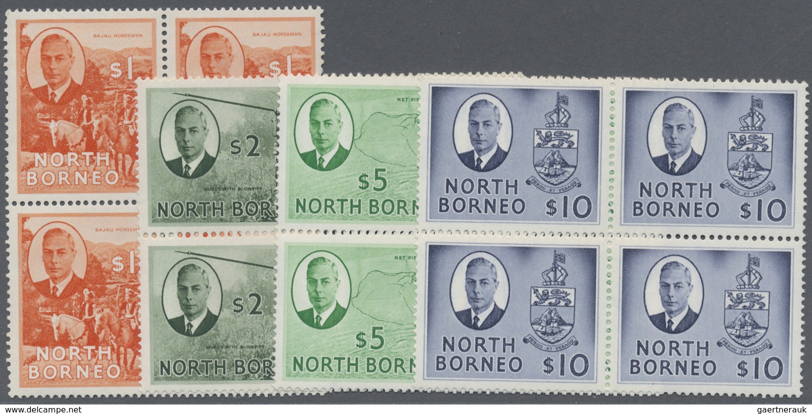 ** Nordborneo: 1950/1952, KGVI Pictorial Definitives Complete Set Of 16 In Blocks Of Four, Mint Never H - North Borneo (...-1963)