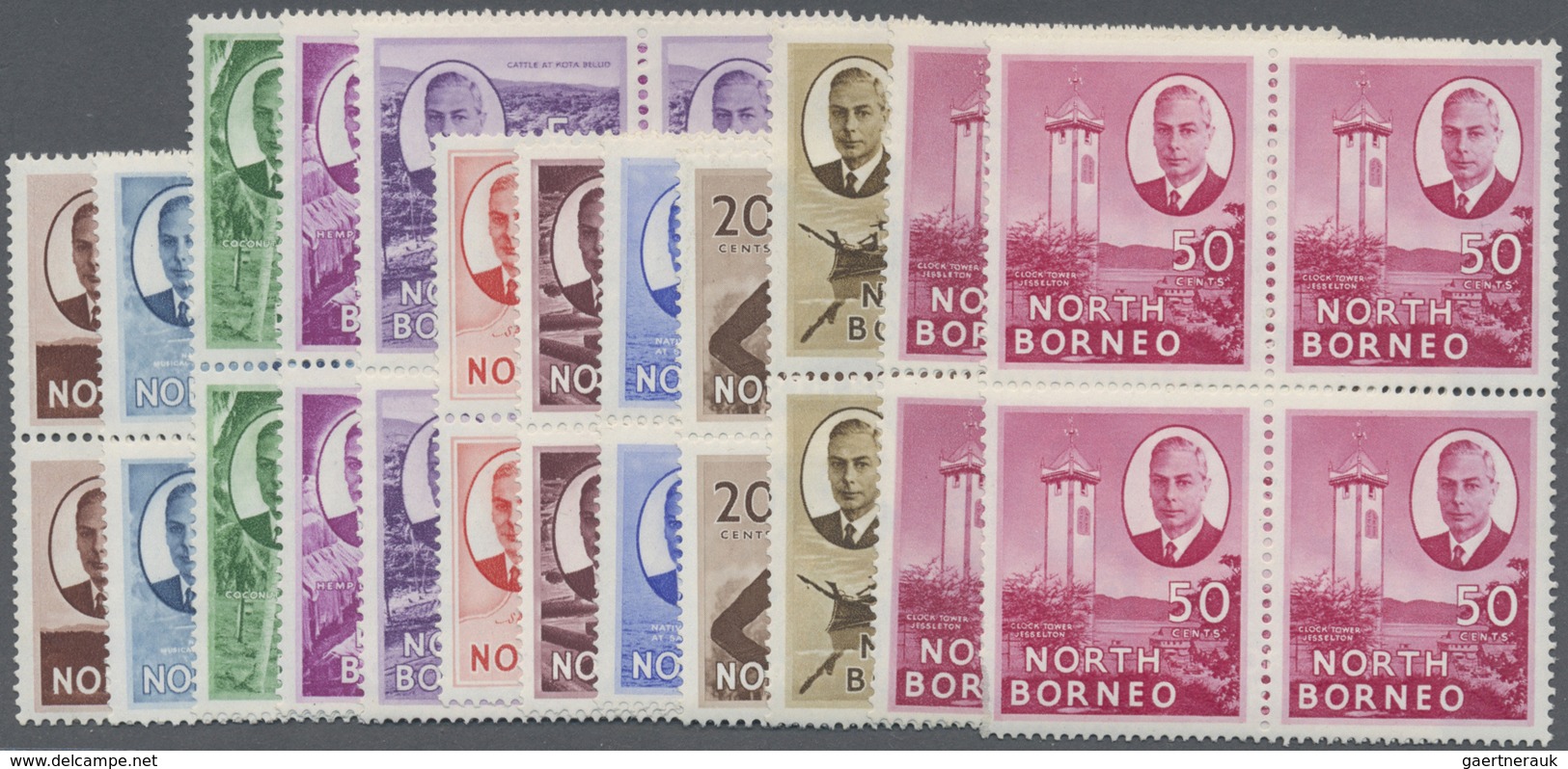 ** Nordborneo: 1950/1952, KGVI Pictorial Definitives Complete Set Of 16 In Blocks Of Four, Mint Never H - Noord Borneo (...-1963)