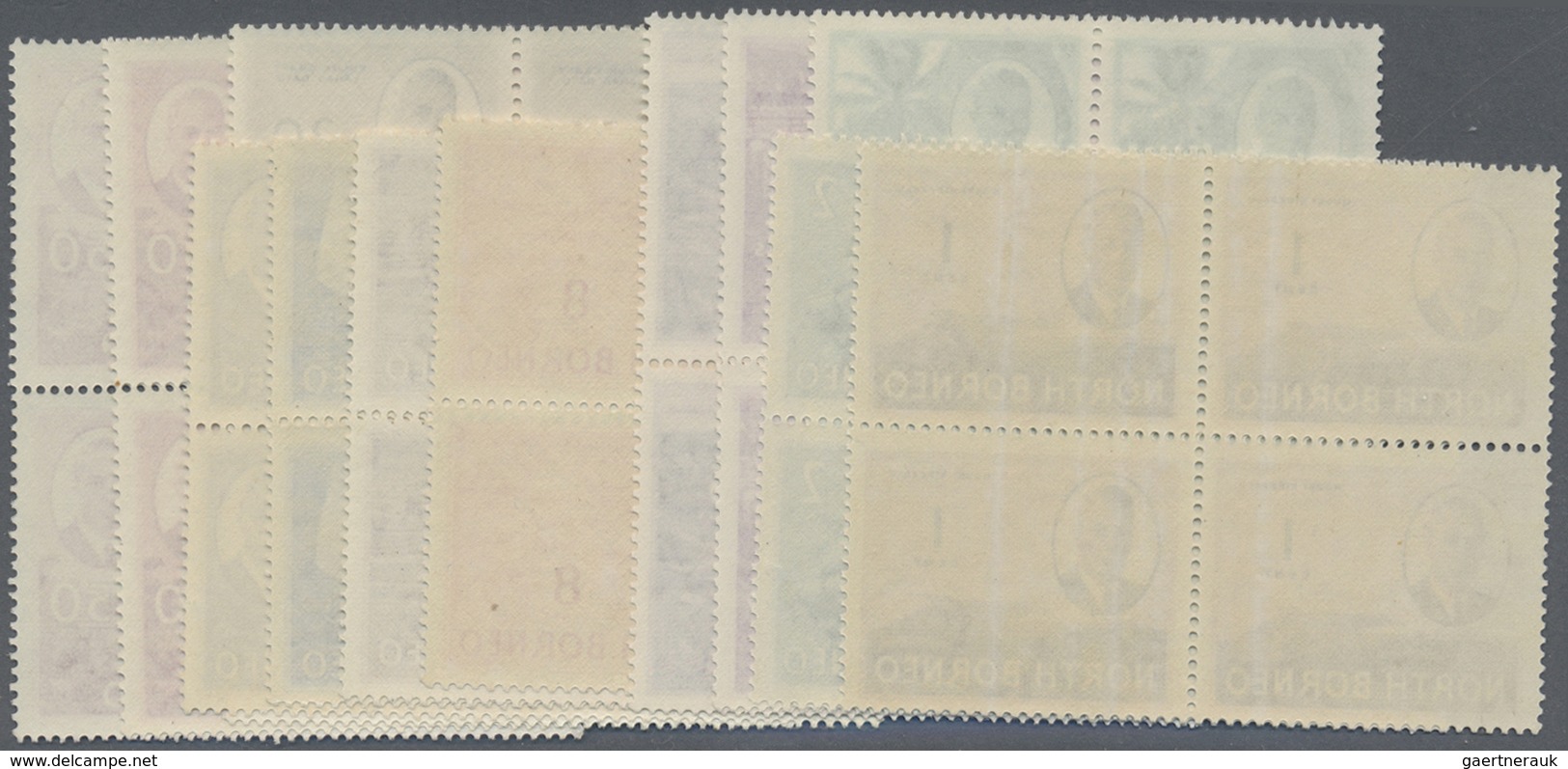 ** Nordborneo: 1950/1952, KGVI Pictorial Definitives Complete Set Of 16 In Blocks Of Four, Mint Never H - North Borneo (...-1963)