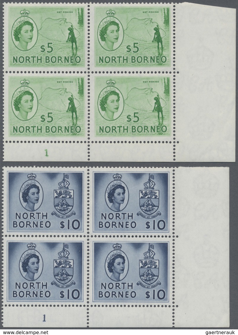 ** Nordborneo: 1954/1957, QEII Pictorial Definitives Complete Set Of 15 In Blocks Of Four From Lower Ri - Noord Borneo (...-1963)