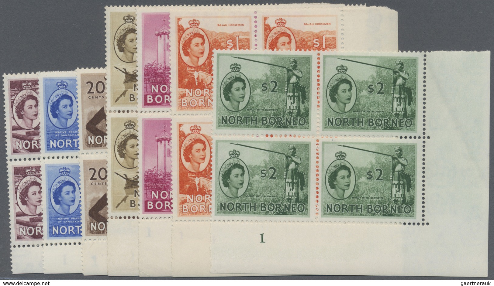 ** Nordborneo: 1954/1957, QEII Pictorial Definitives Complete Set Of 15 In Blocks Of Four From Lower Ri - Noord Borneo (...-1963)