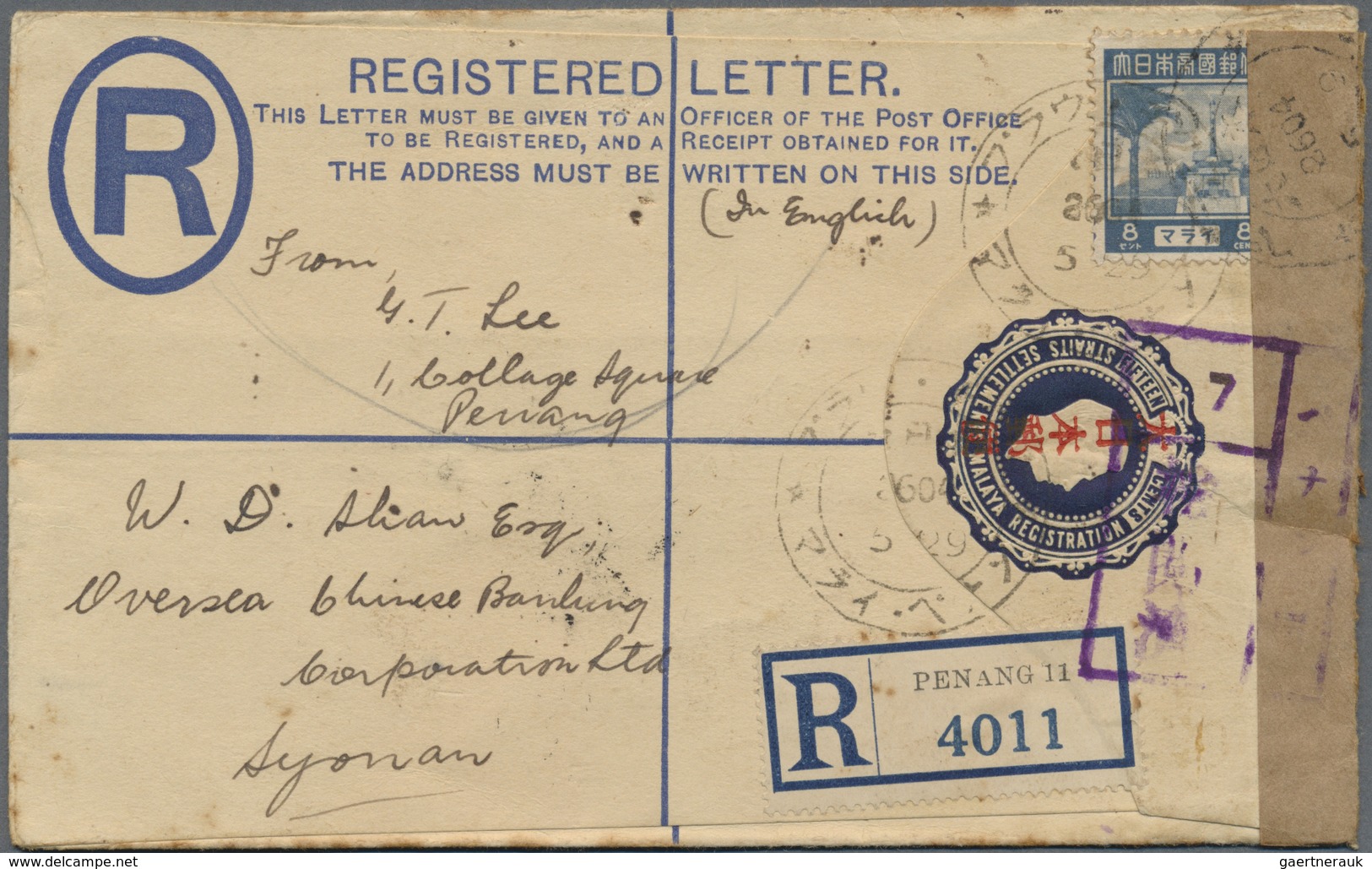 GA Malaiische Staaten - Penang: Penang, 1942, Straits Registration Envelope 5 C. W. Vertical Single Lin - Penang