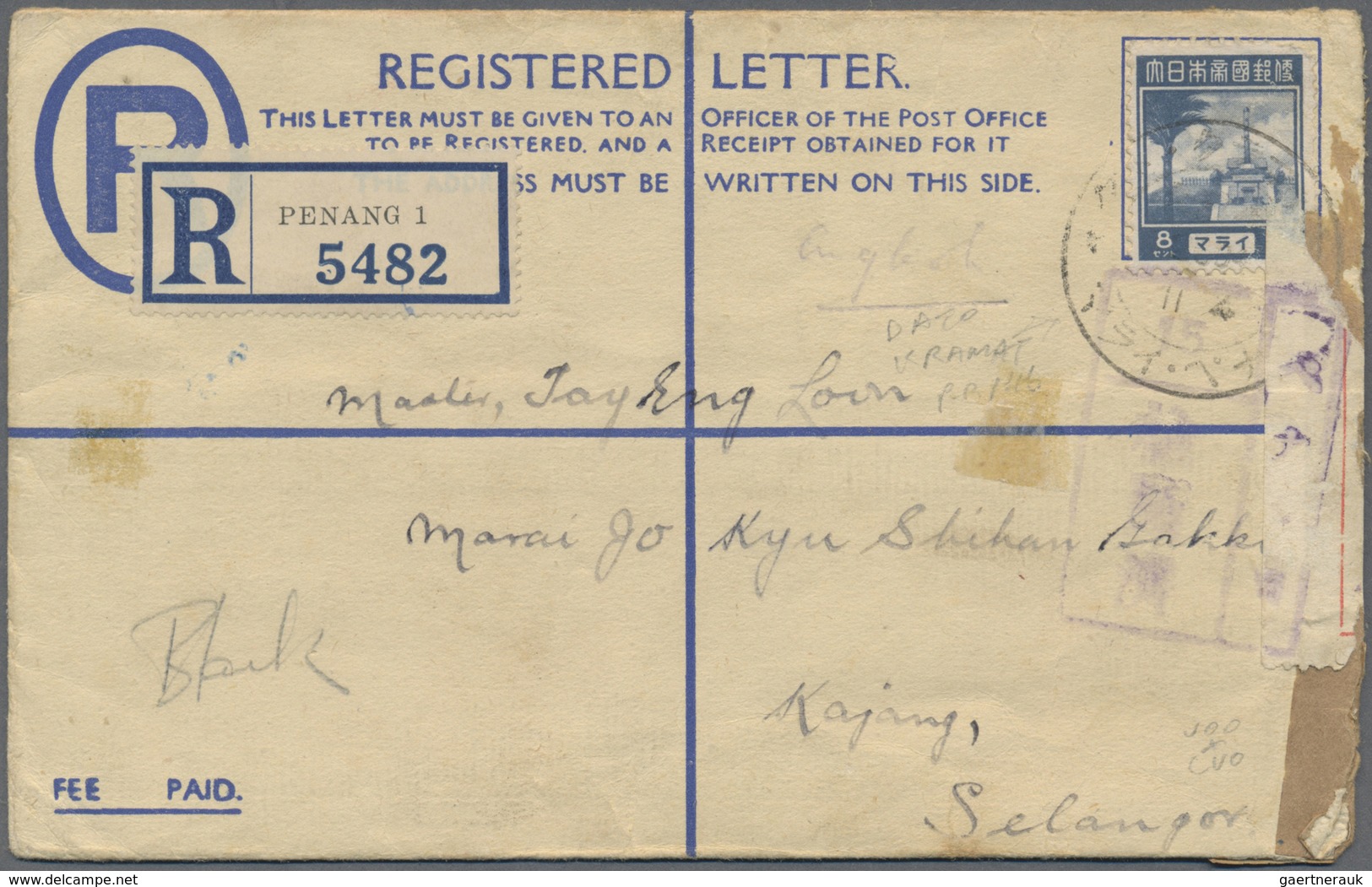 GA Malaiische Staaten - Penang: General Issues, Used In Penang, 1943, Perak Registration Envelope 15 C. - Penang