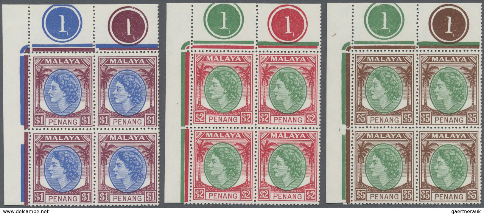 ** Malaiische Staaten - Penang: 1954/1957, QEII Definitives Complete Set Of 16 In Blocks Of Four From U - Penang